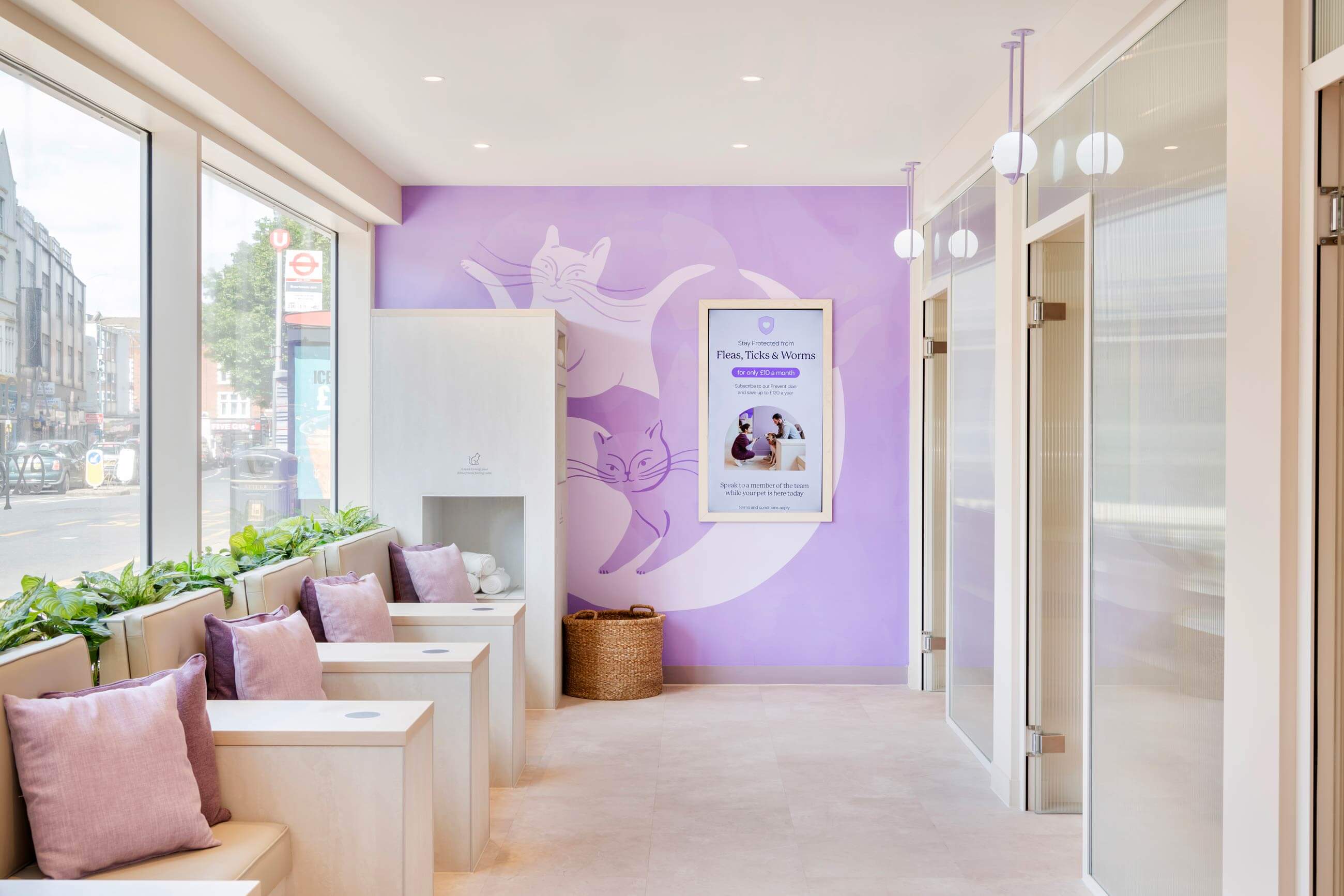 Bright veterinary clinic interior featuring plush seating, a purple cat-themed wall mural, and a digital display with health information.